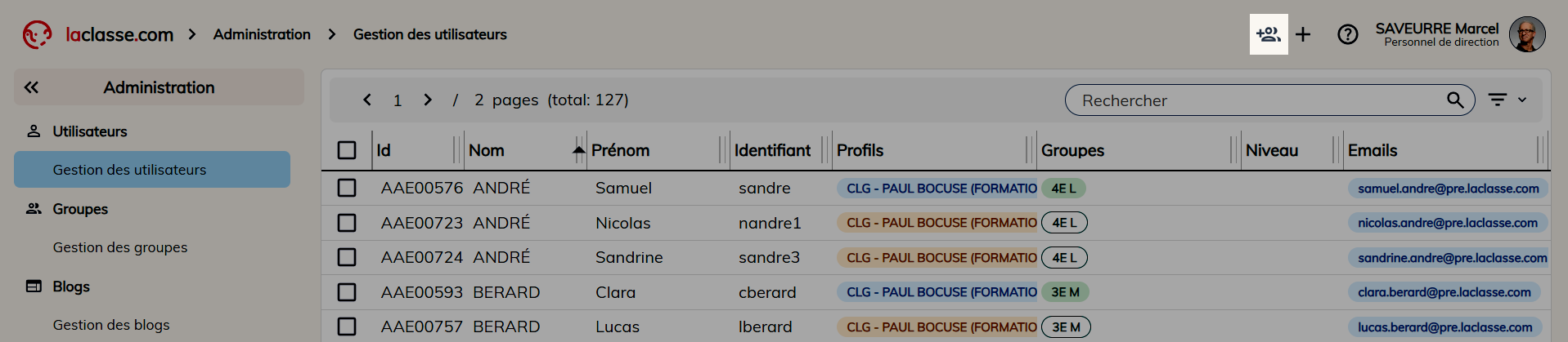 Gestion des utilisateurs avec focus sur l'icone pour importer des comptes