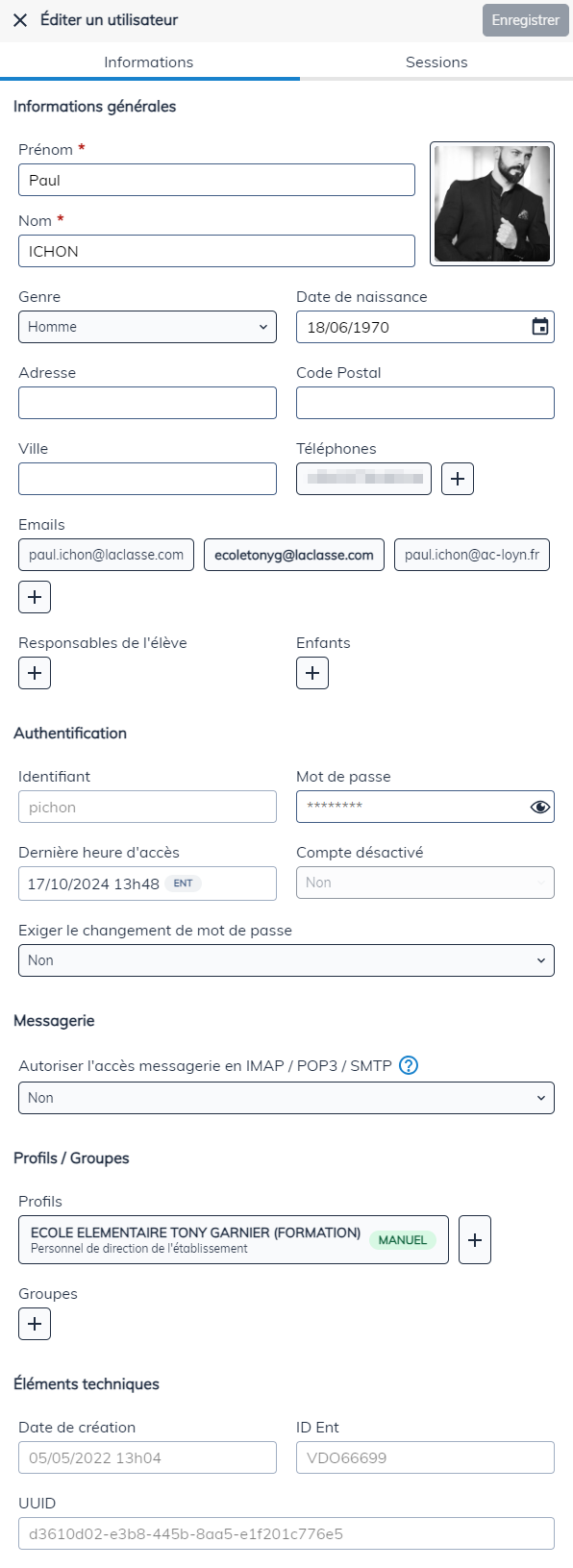 Fiche compte utilisateur